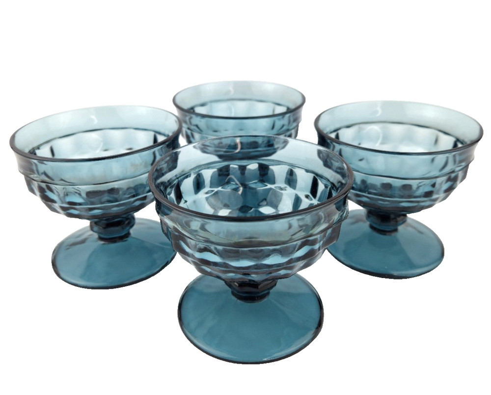4 Vintage Whitehall Indiana Glass Riviera Blue Cubist Footed Sherbet Glasses
