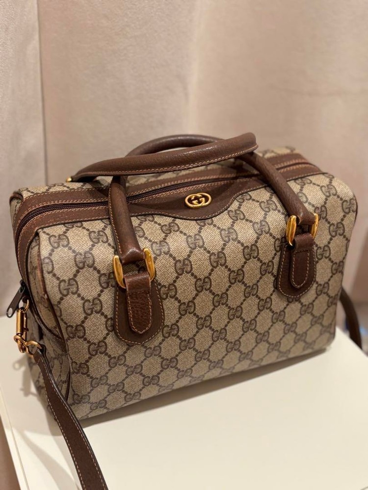 GUCCI Supreme GG Boston Bag in Leather PVC Brown Beige with Gold Hardware