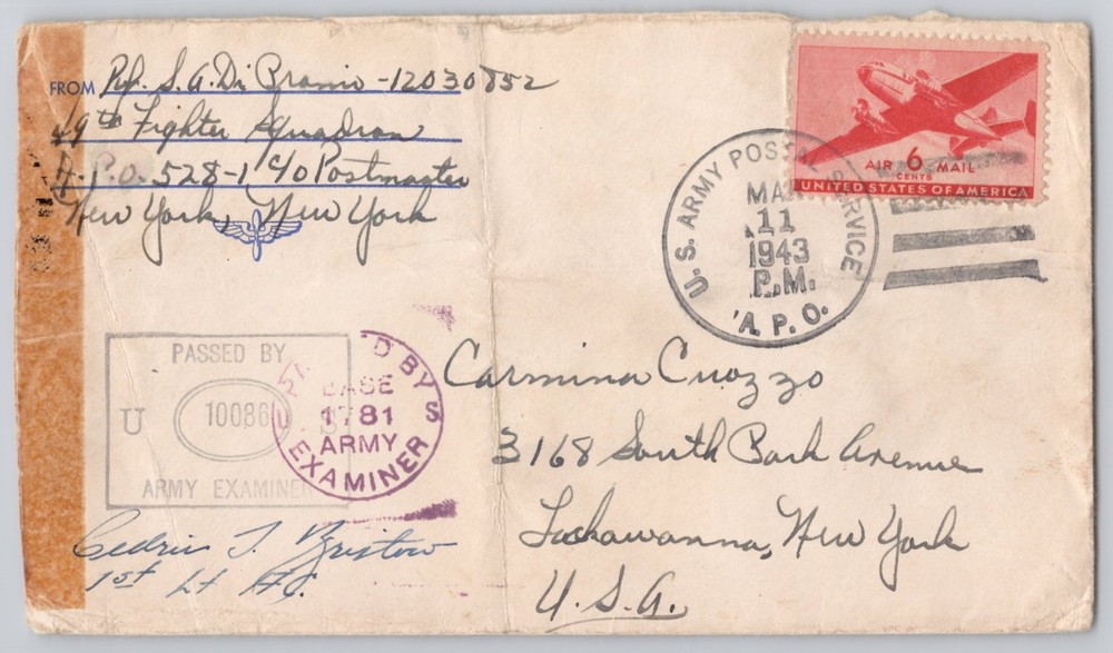 U.S. Army A.P.O. cover with 6c Air Mail stamp, Passed by Examiner 1943