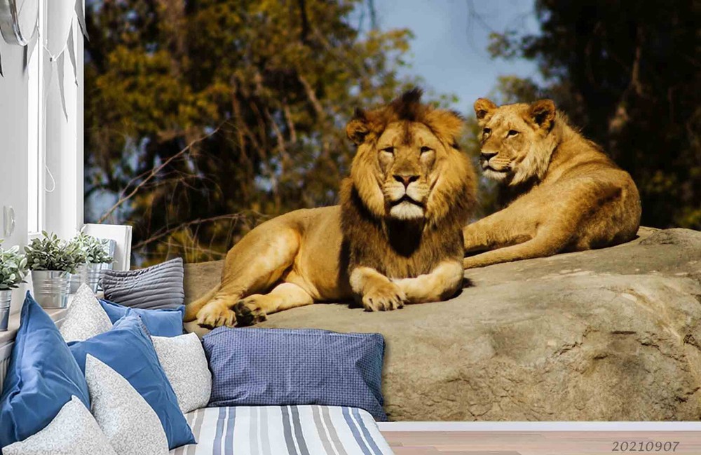 3D Forest Stone Lion Animal Wall Murals Wallpaper Murals Wall Sticker 92