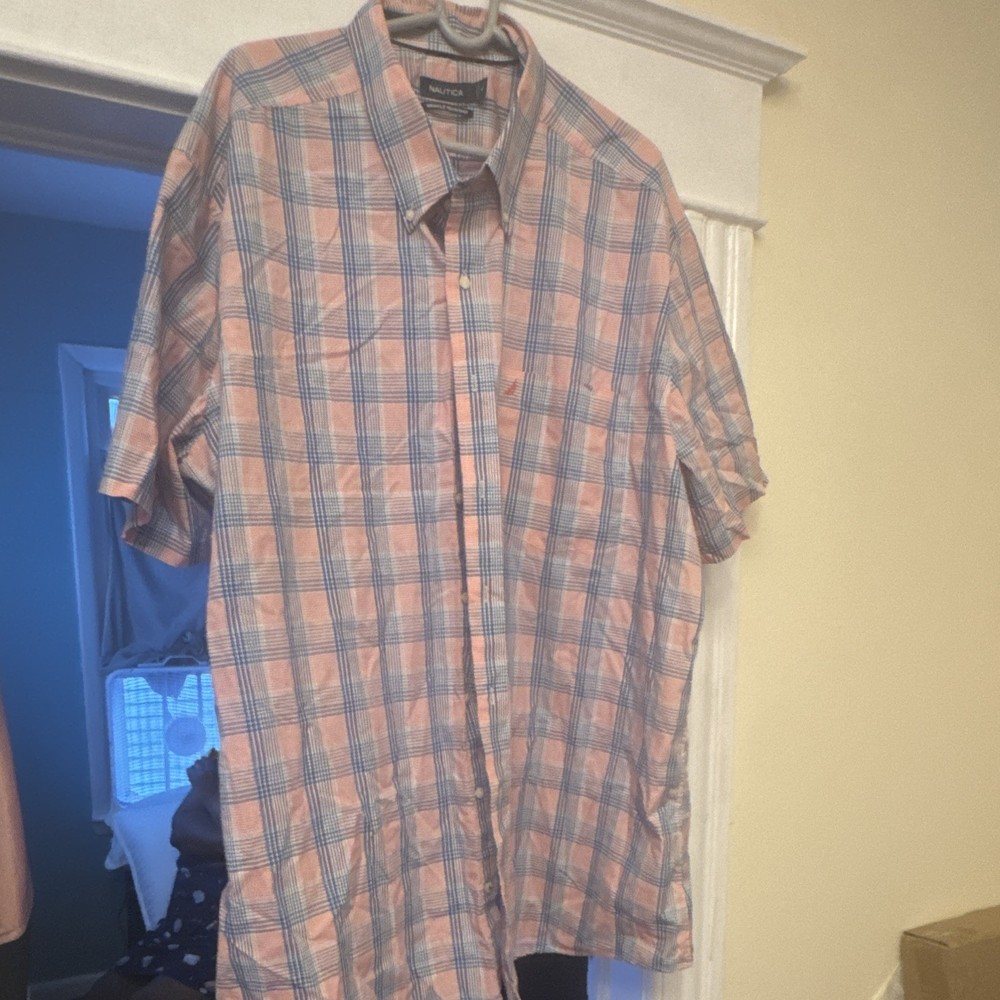 Nautica Wrinkle Resistant Plaid Short Sleeve Button-Up Shirt 4XL Blue/Orange