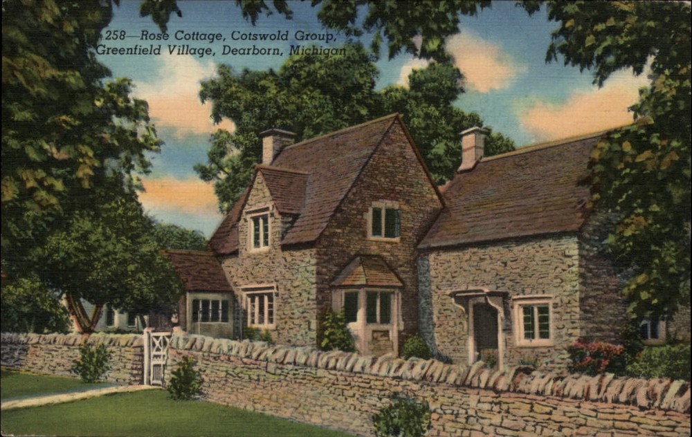 Michigan Dearborn Rose Cottage Greenfield Village ~ 1940s linen postcard ~ s9867