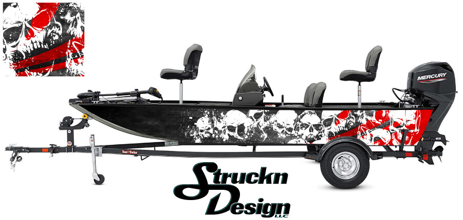 Skulls Graphic Abstract Fishing Bass Boat Wrap Decal Vinyl USA Pontoon Black Red-image