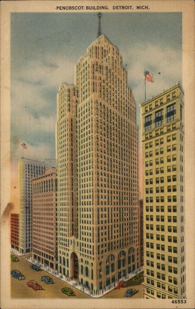 Michigan Detroit Penobscot Building ~ 1930s linen postcard sku529