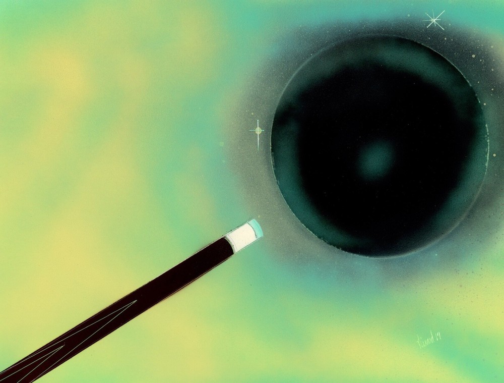 Original Art Surreal Space Pool Playing Scene with Cue and Ball by Jason Girard.