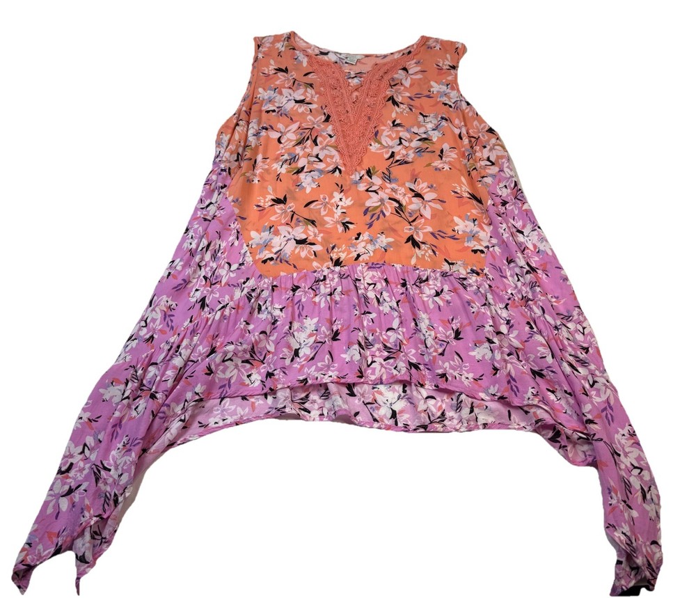 Cato EST. 1946 Floral Sharkbite Tunic Tank Top Lace V-Neck Plus Size 18/20W Boho