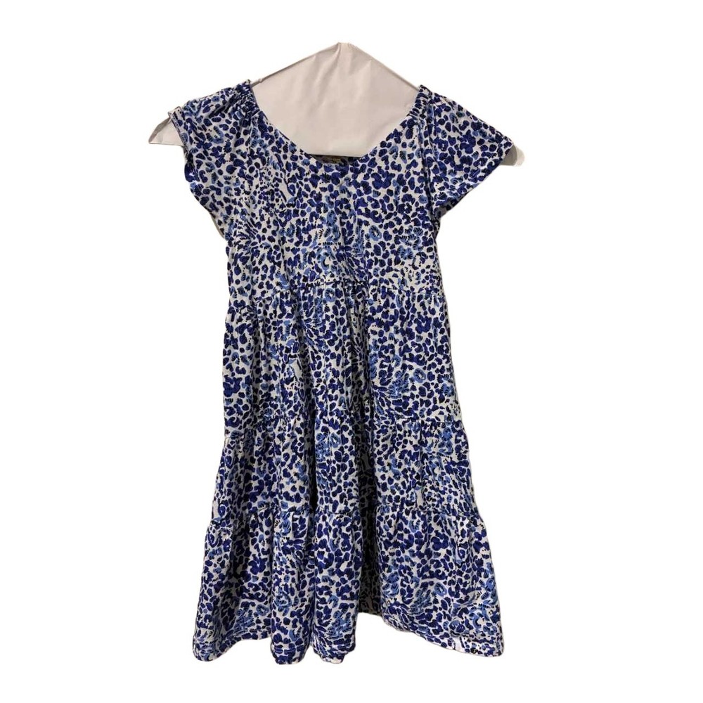 Lilly Pulitzer Girls Blue White Leopard Floral Tiered Cotton Dress Size M 6-7