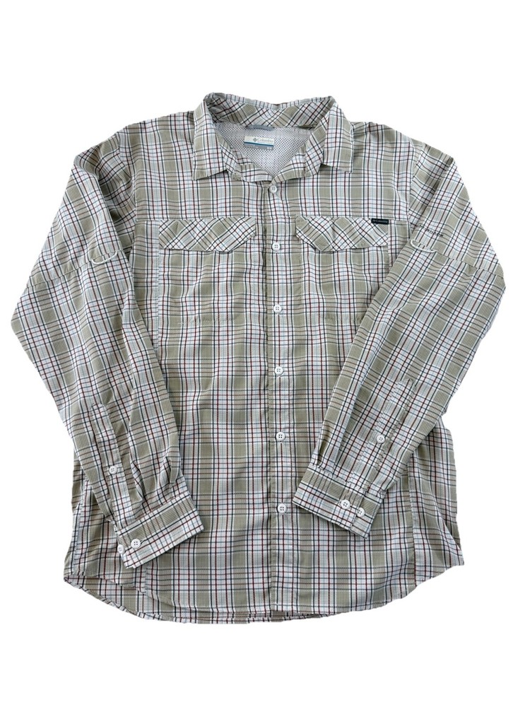 Columbia Men’s Omni‑Shade Plaid Shirt Size M Beige Red Blue Button‑Up