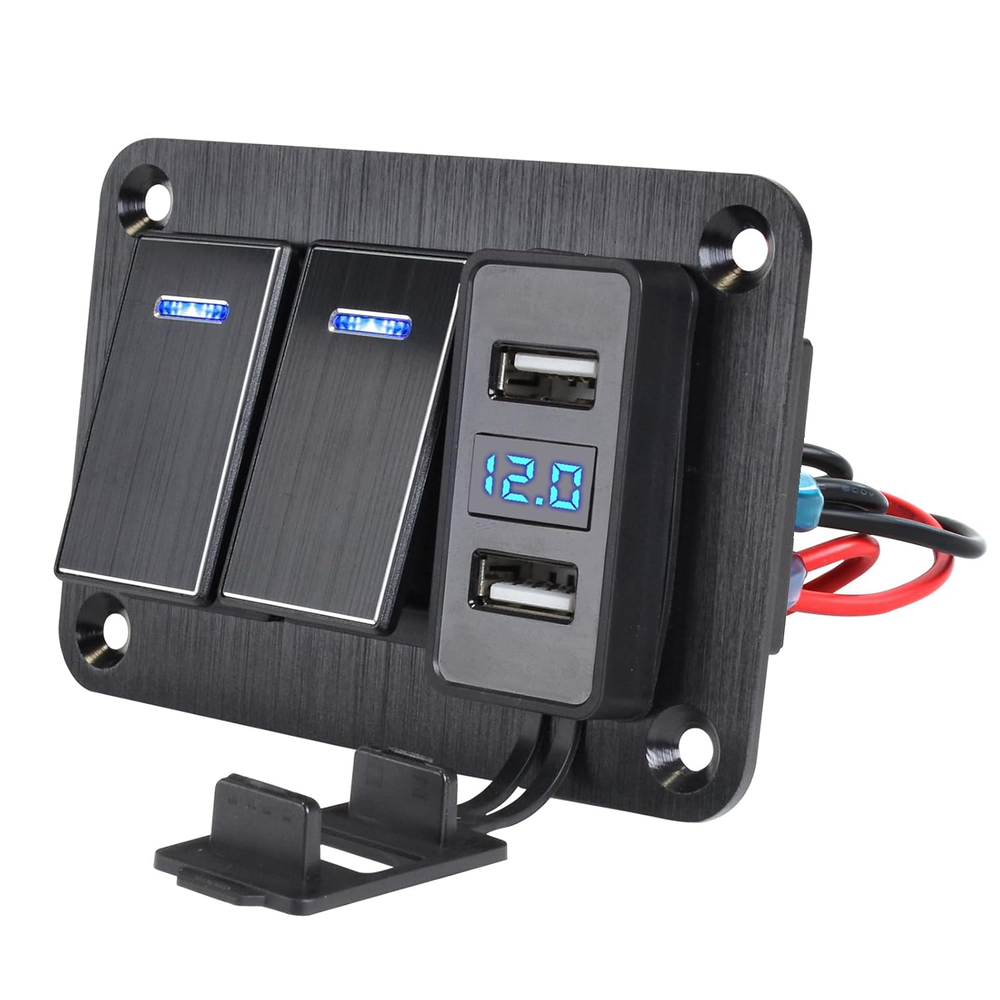 2 Gang Aluminum Rocker Switch Panel with 4.8 Amp Dual USB Charger Voltmeter Wate