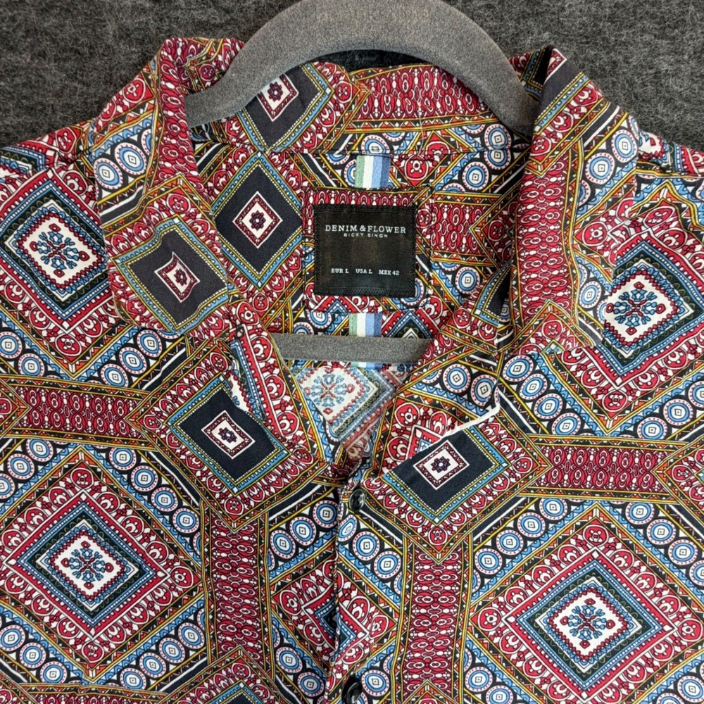 Denim & Flower Button Up Shirt Mens L Multicolor Geometric Print Viscose Fits Sm