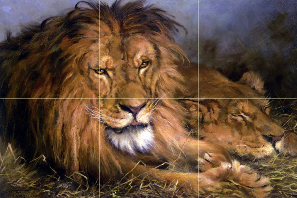 Lion and Lioness Ceramic Tile Mural for Kitchen Bathroom Backsplash 18x12