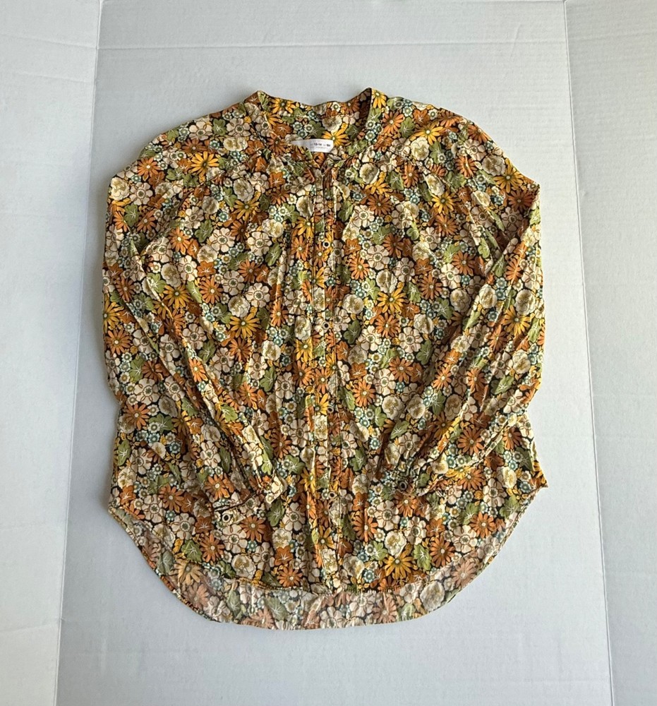 Zara Girl's Retro Orange Floral Print Long Sleeve Button Up Blouse Size 13-14 yr