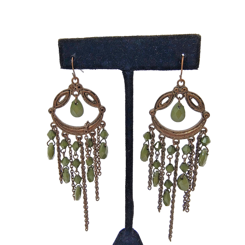 Vintage Boho Chandelier Earrings Dangle Drop Bronze Tone Olive Green Bead