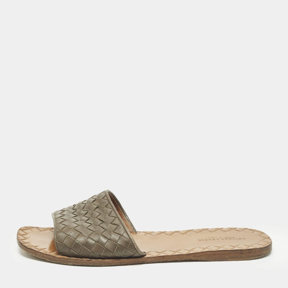 Bottega Veneta Size 37.5 Dark Brown Intrecciato Leather Flat Slide