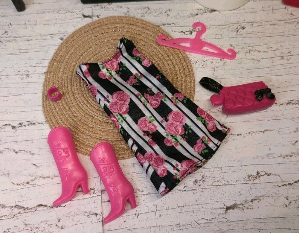 Barbie Outfit - Dress, Mattel Boots, Fashion Fever Purse, Bracelet +