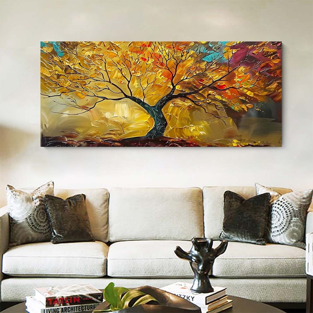 Red Modern Abstract Painting Golden Tree 3D Oil Painting Hand Painted On Canvas