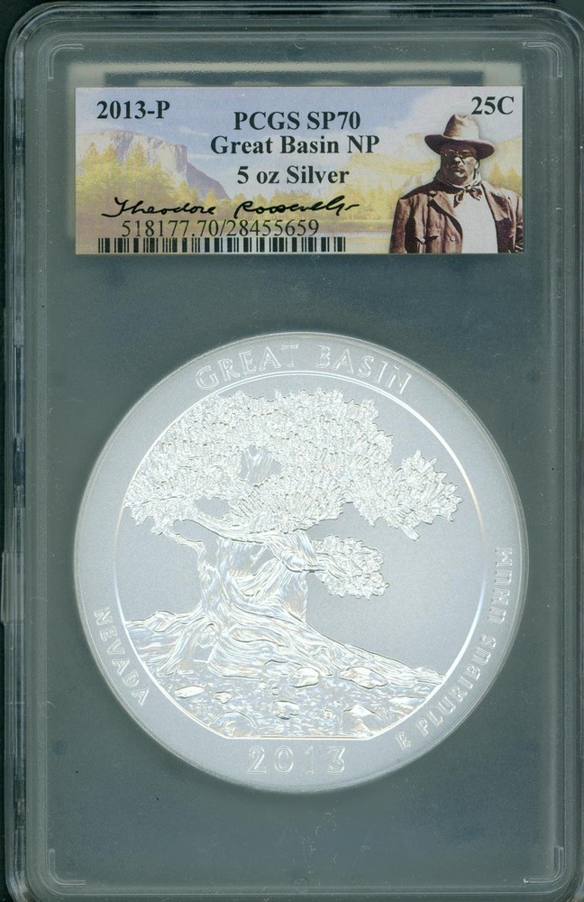 2013-P GREAT BASIN NP ATB 5 OZ. SILVER PCGS SP70 Theodore Roosevelt SP-70