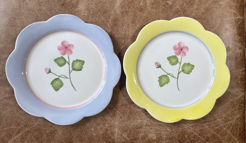 2~Burton & Burton Scalloped Pink Flower 10.5”~Dinner Plates~1 Yellow~1 Blue~RARE