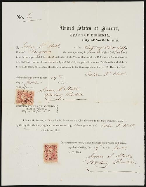 [Oath of allegiance to the Union sworn by John T. Hill of Norfolk, Virginia].