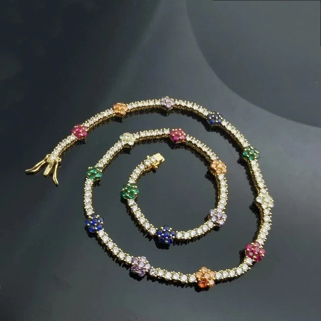 14k Gold Plated Multi-Color Lab Stone & Diamond Flower Choker Necklace 18 Inch