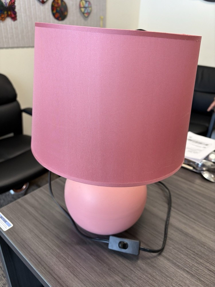 Pink Modern Drum Shade Table Lamp Plastic Corded Switch for Living Room Decor