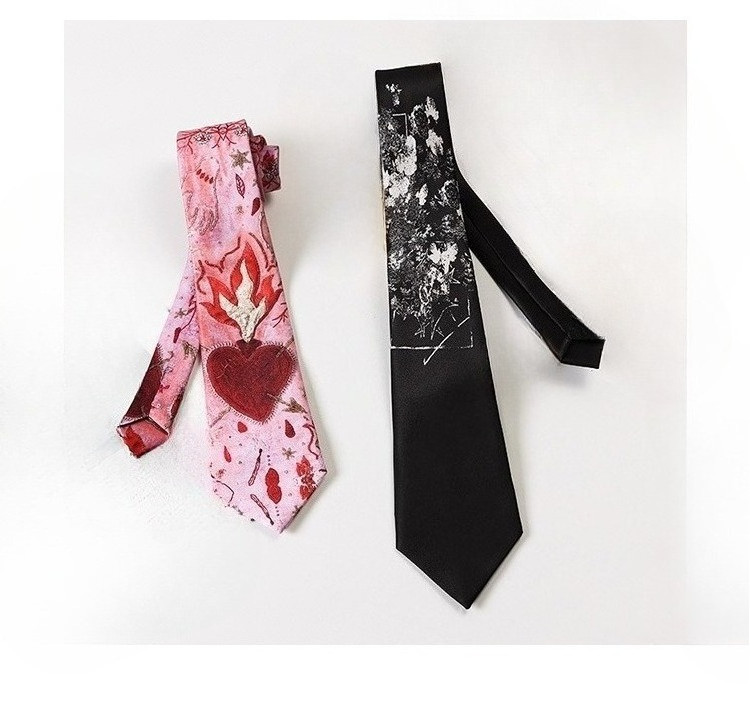 Men's Tie Print Pink Flame Heart Embroidery Stylish Woven Party Christmas Prom