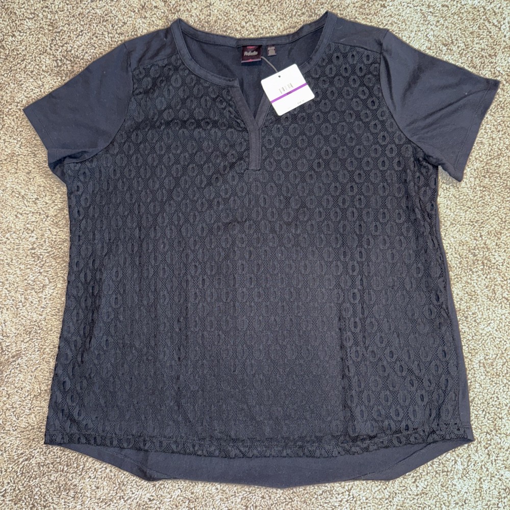 Rafaella WOMENS Plus Size XXL TOP BLACK W/LACE-LIKE OVERLAY NEW with Tags