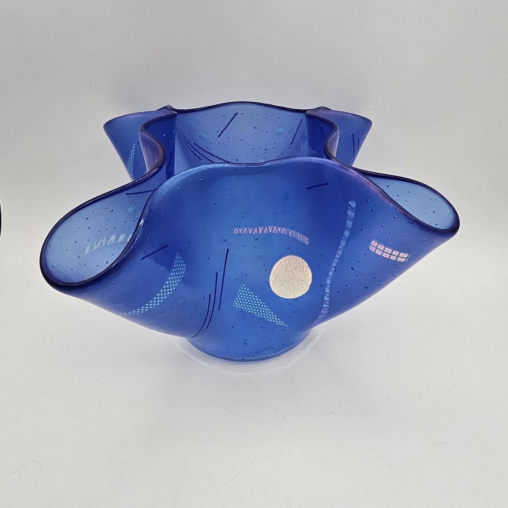 Blue Dichroic Art Glass Folded Handkerchief Style Bowl Vase By Massimo Patroni