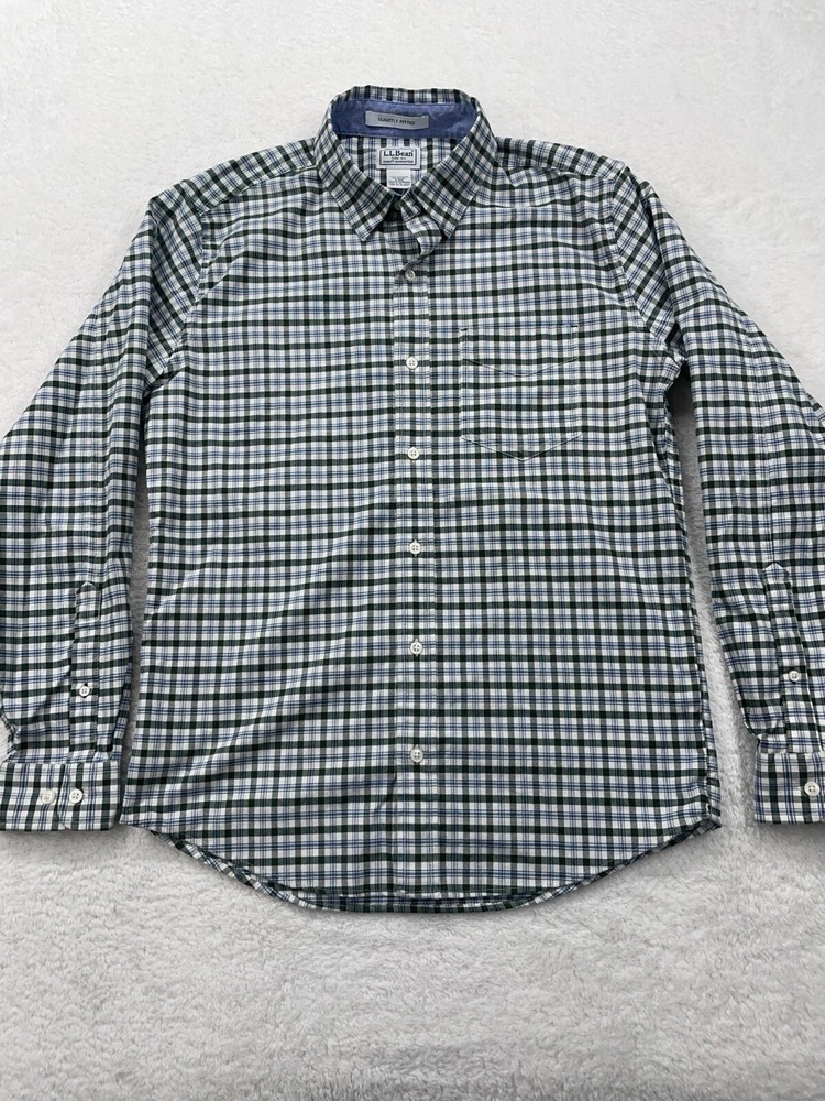 LL Bean Mens S Green Plaid Coolmax Stretch Slightly Fitted Button Down Shirt