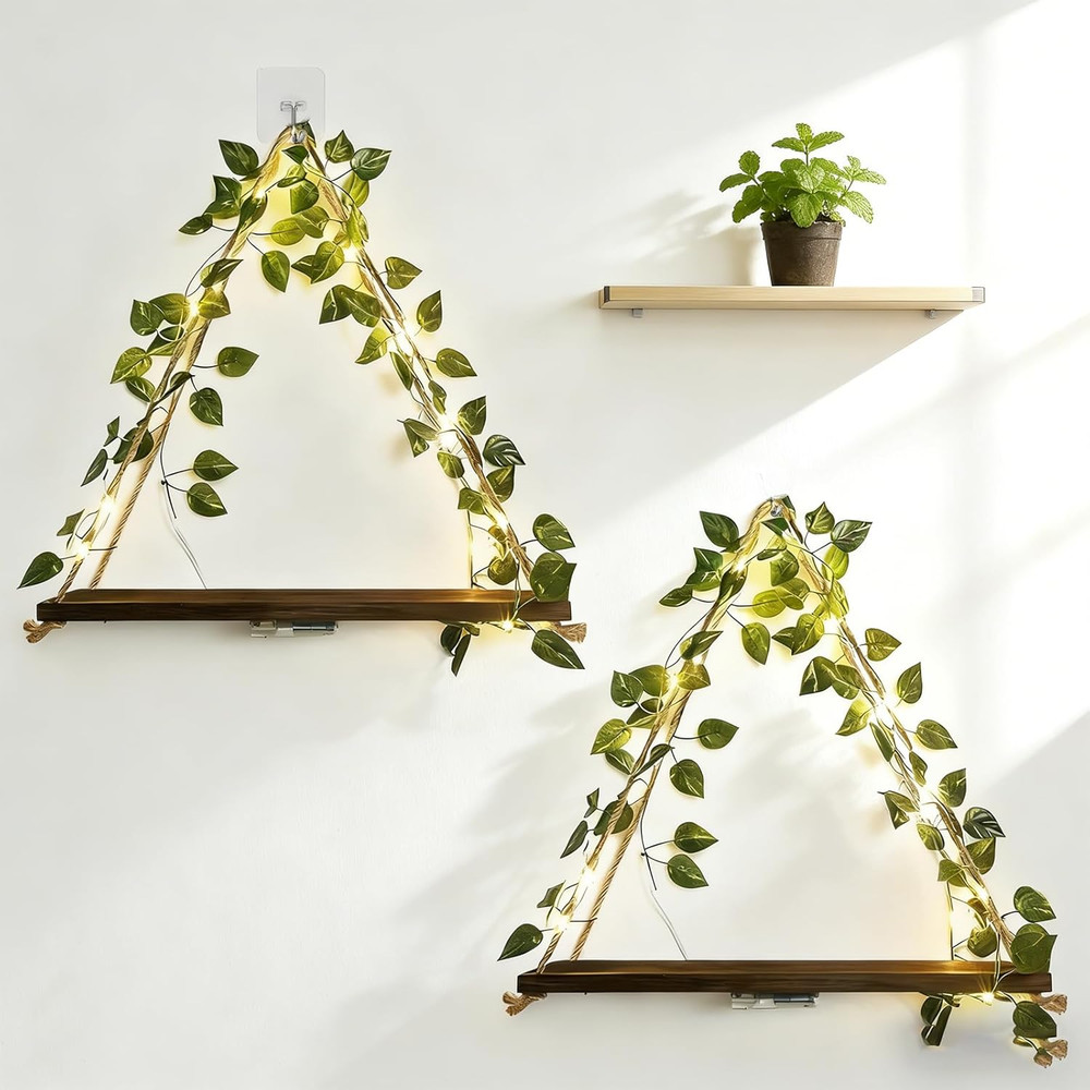 Boho  for Wall, Set of 2 Wooden Hanging Shelf with LED Lights & Ivy Vines, Decor