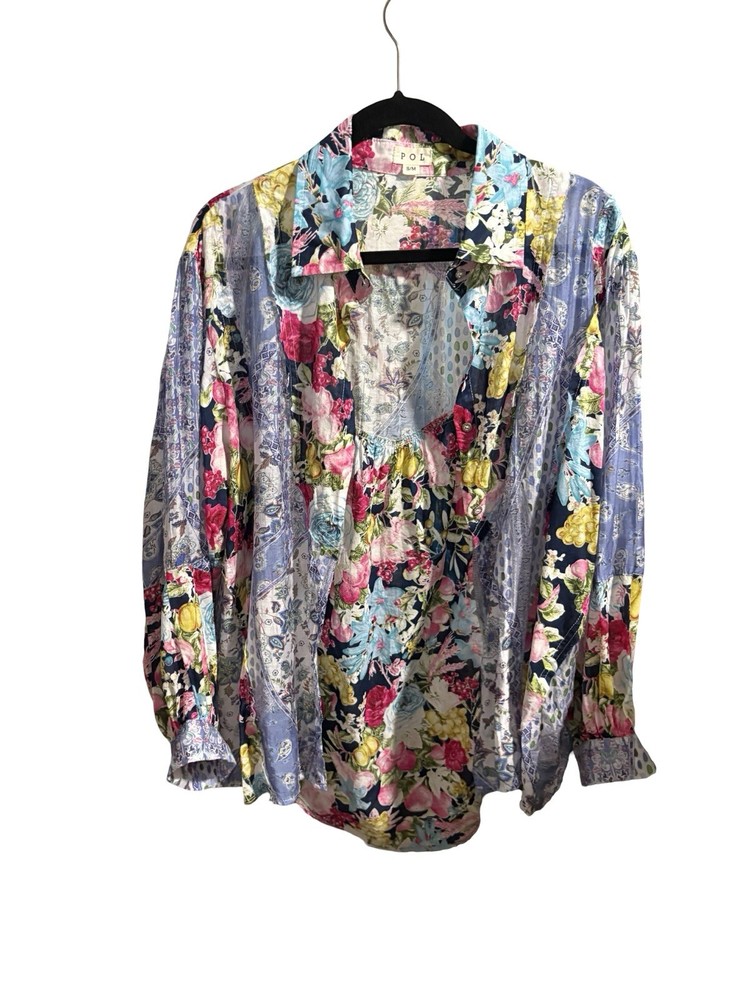 POL Floral Patchwork Mixed Media Button Down Shirt Sz S/M