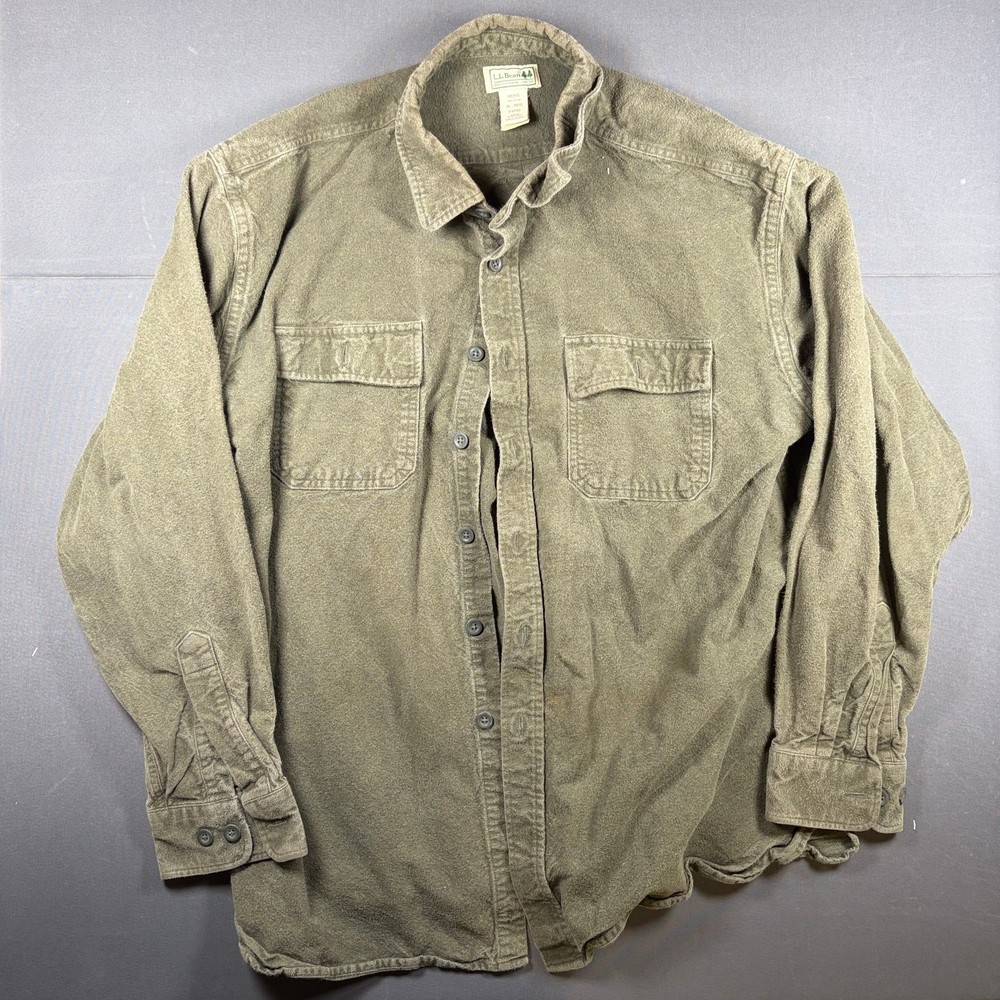 LL Bean Chamois Cloth Shirt Men's XL Olive Green Flannel Button Up Heavy Cotton