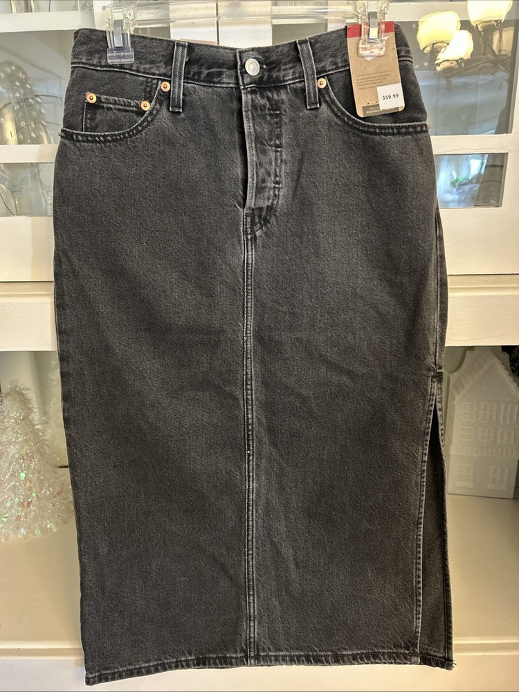 Levi's Women's Black WedgieDenim Midi Skirt Side Slit Button Fly Back Pockets 26