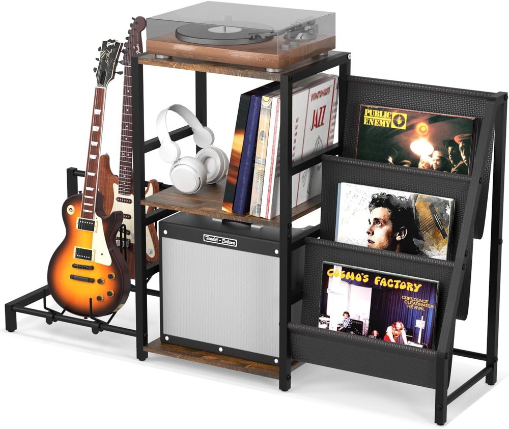 Guitar Stand Record Player Stand with 3-Tier Vinyl Record Storage and 2-Tier for