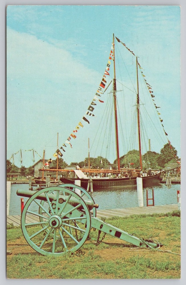 Mystic Seaport Connecticut CT LA Dunton Schooner & Cannon Postcard 1970