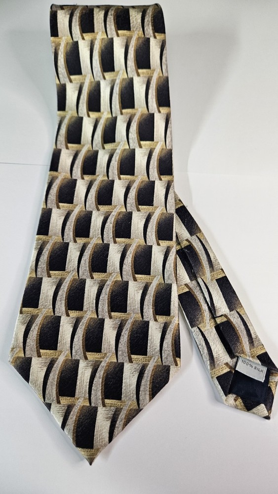 Pierre Cardin 100% Silk Black Gold Grey Geometric Pattern Men's Tie