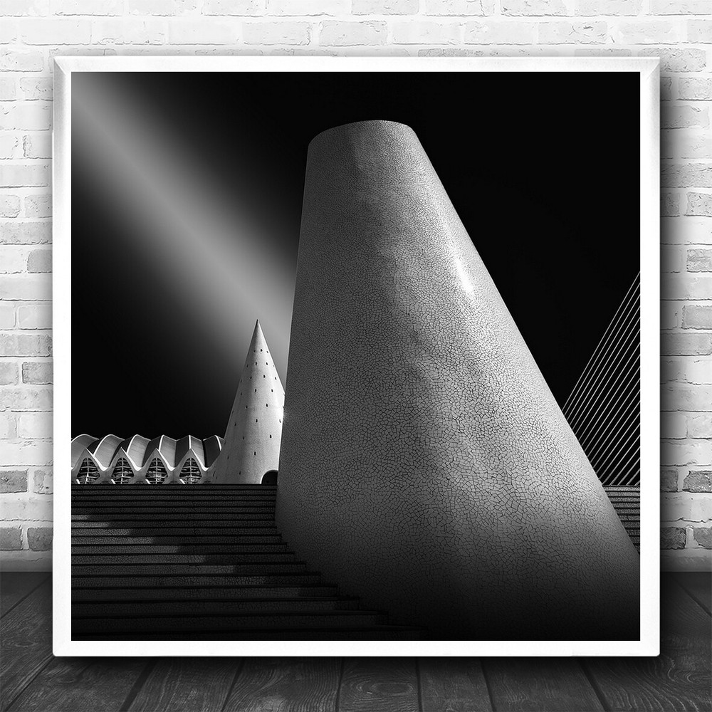 Architecture Valencia Spain Museum Black And White Stairs Square Wall Art Print