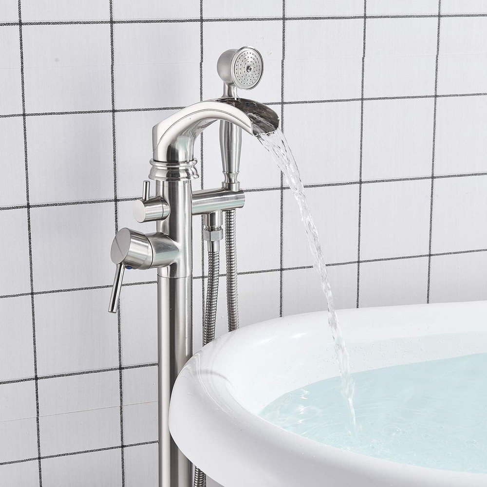 Brushed Nickel Bathroom Single Handle Freestanding Bathtub Faucet & Hand Shower