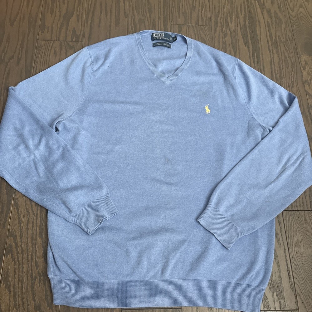 Polo Ralph Lauren Pima Cotton V-Neck Sweater Classic Fit Blue Pony Logo XL GUC