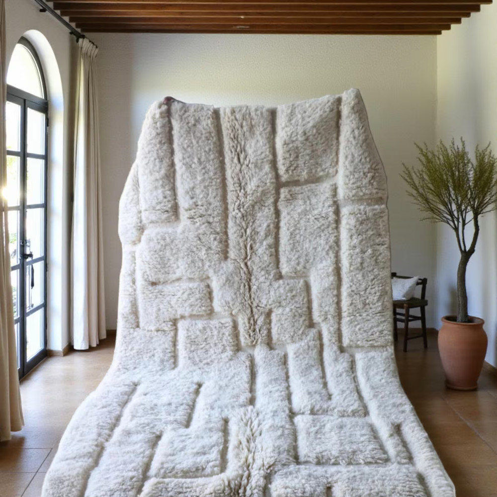 Hand Knotted Moroccan Berber Wool Rug Color Ivory Handmade Design Carpet Rug