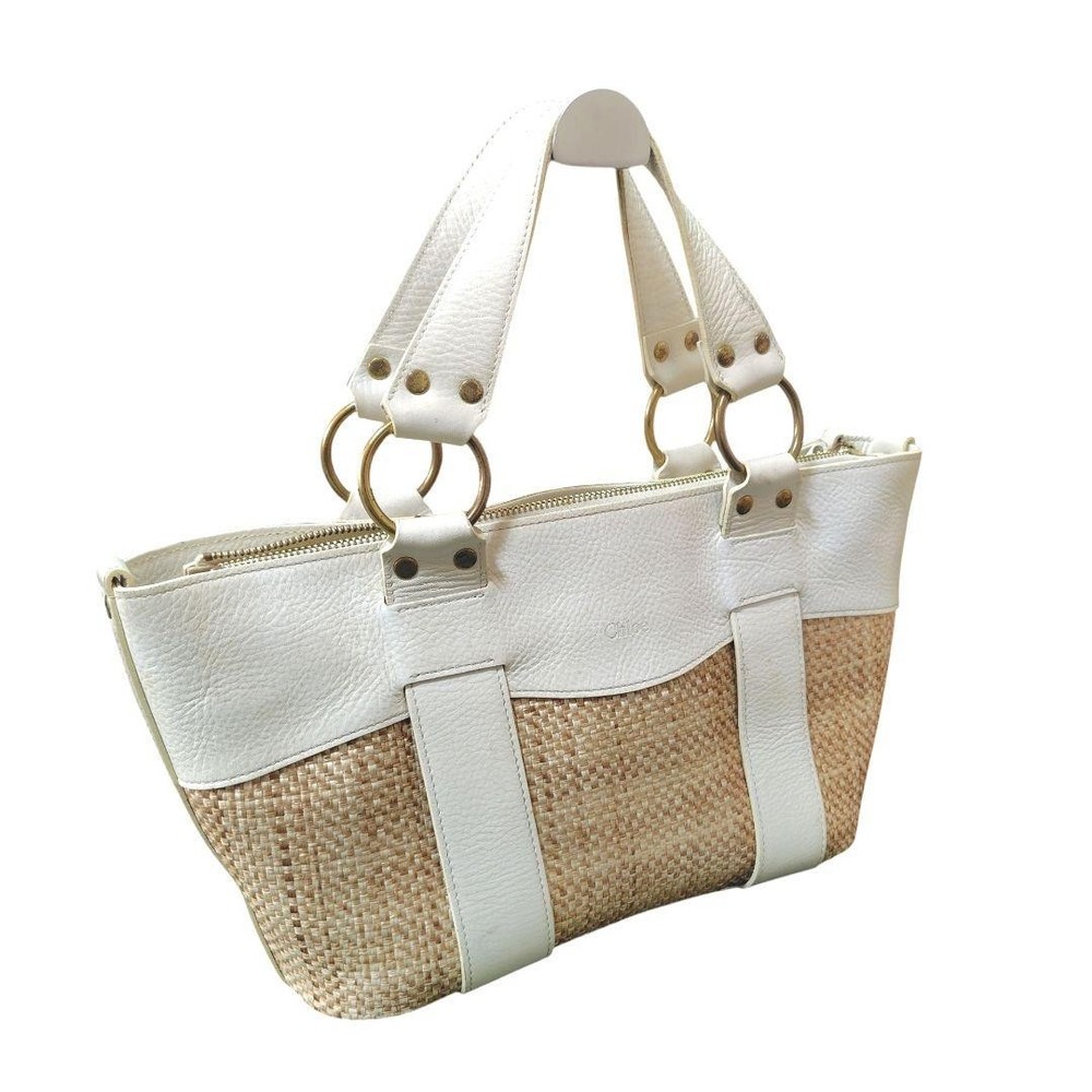 Chloe White Leather Tote Basket Bag with Pocket Made in Japan