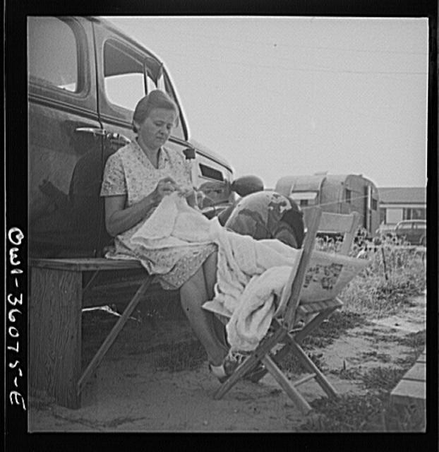 Middle River Maryland 1930s FSA Housing Project Woman Sewing by Car Trailer