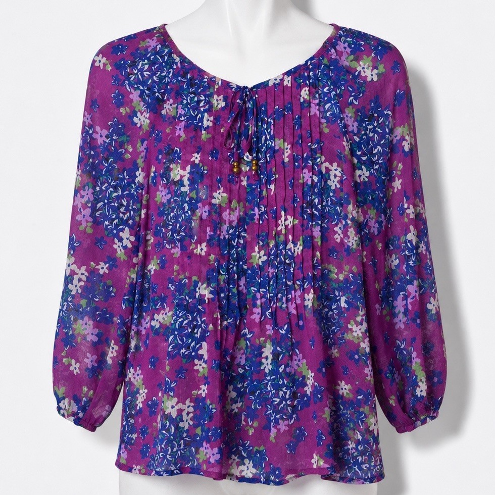 Charter Club Women's Blouse Top  SZ Petite Purple Floral Chiffon Sheer
