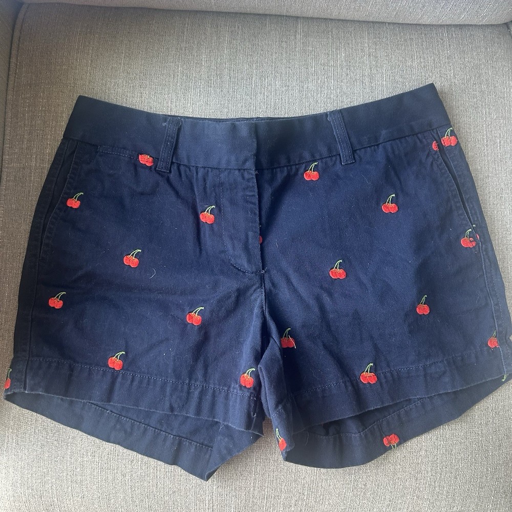 J. Crew Women’s Blue Chino Shorts With Embroidered Cherries - Size 2