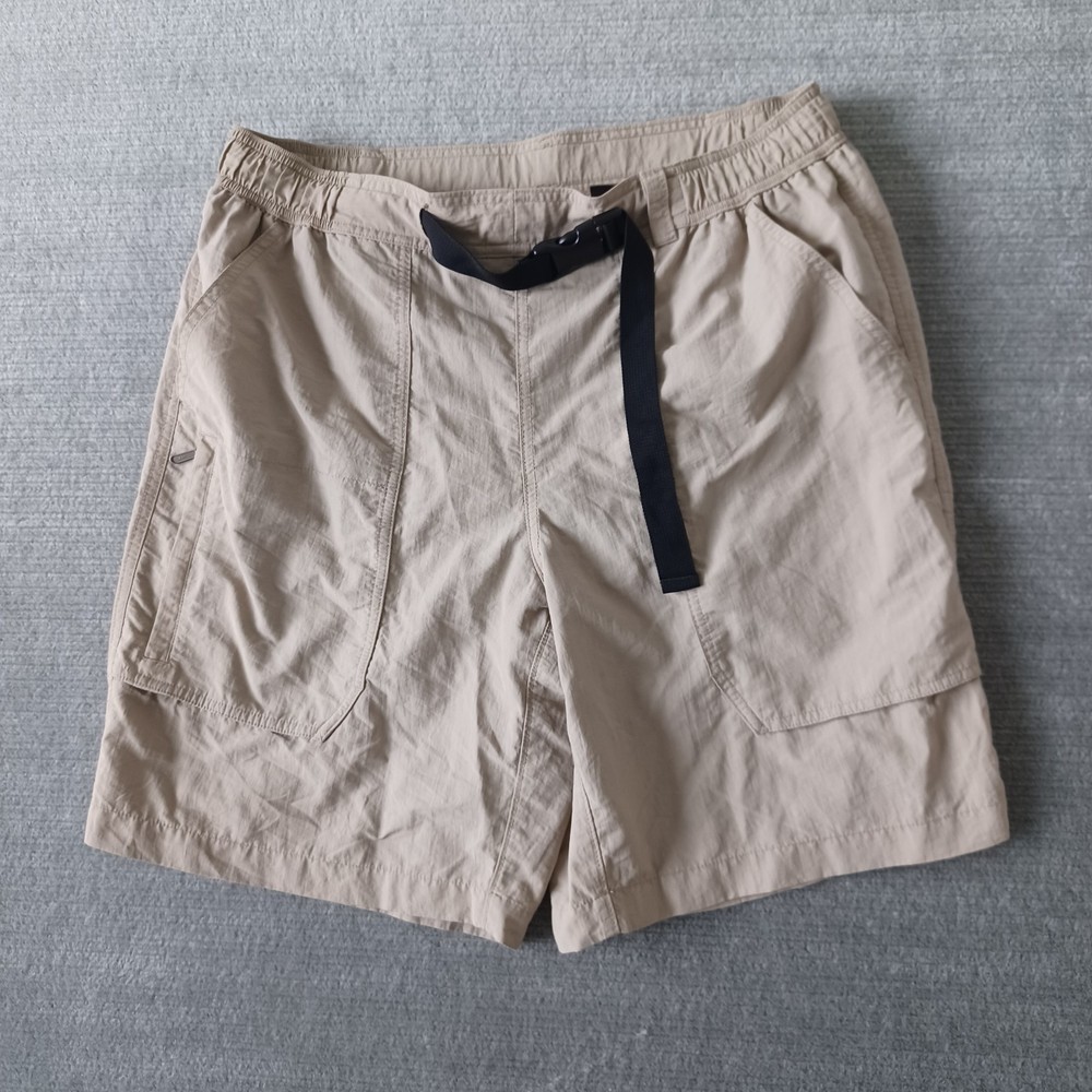 Eddie Bauer Cargo Shorts Mens L Beige Hiking Outdoor Belted Zip Pockets Lined
