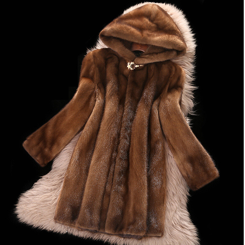 Women's Long Winter Hooded Faux Mink Fur Coat Thick Warm Jacket