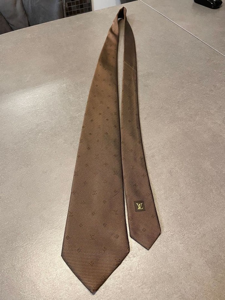 Louis Vuitton Necktie Tie Brown All over monogram pattern Used Silk LV Authentic