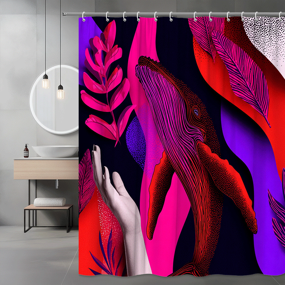 Neon Tropical Leaf Print Shower Curtain Pink Purple Black