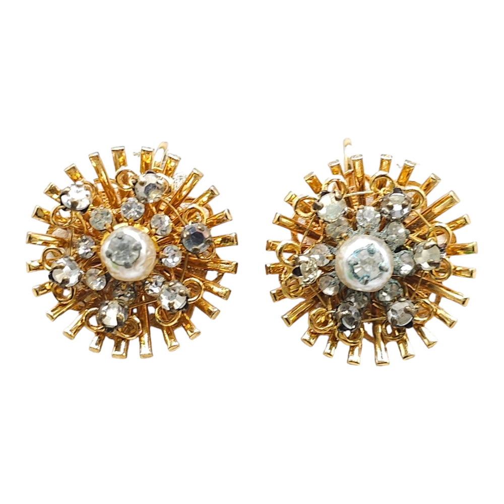 Hattie Carnegie Rhinestone Faux Pearl Starburst Clip Earrings Gold Tone Vintage