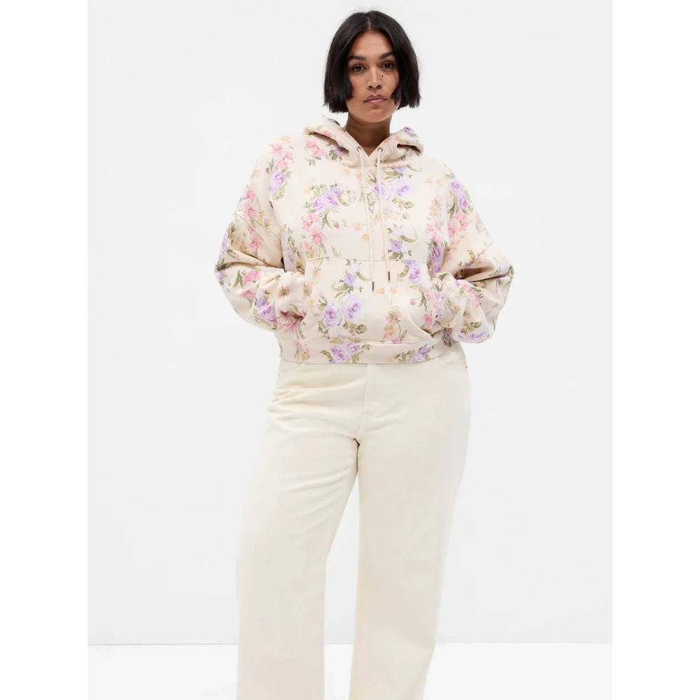 Gap LoveShackFancy Cream Floral Cropped Hoodie Sweatshirt Women's Size XS